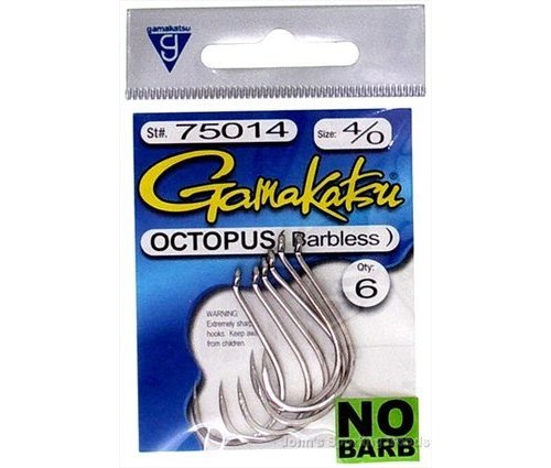 Gamakatsu 75412 High Carbon Steel Octopus Barbless Hook, Black